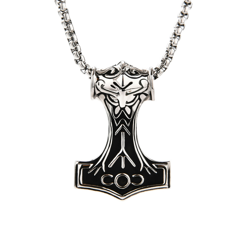 Classic Design Viking Men Carving Hammer Pendant Necklace Antique Stainless Steel Jewelry for Gift