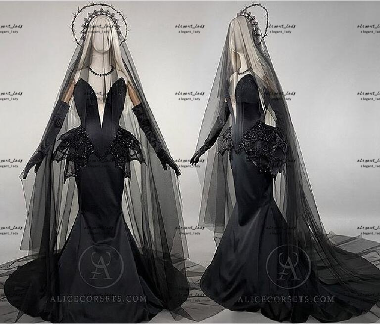 Black Gothic Mermaid Pagan Wedding Dresses 2022 Sweetheart Peplum Beaded Stain Lace-up Corset Trumpet Bridal Gowns plus size