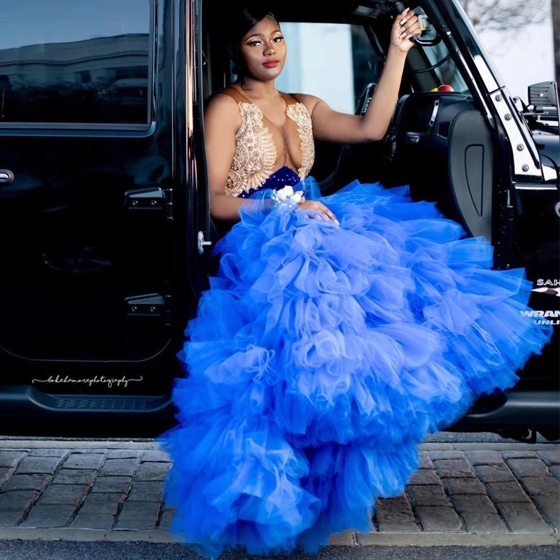 Royal Blue Mermaid Prom Dresses With Gold Lace Top Gillter Sequined Evening Gown Tiere Tulle Bottom Vestido De Robes 0431