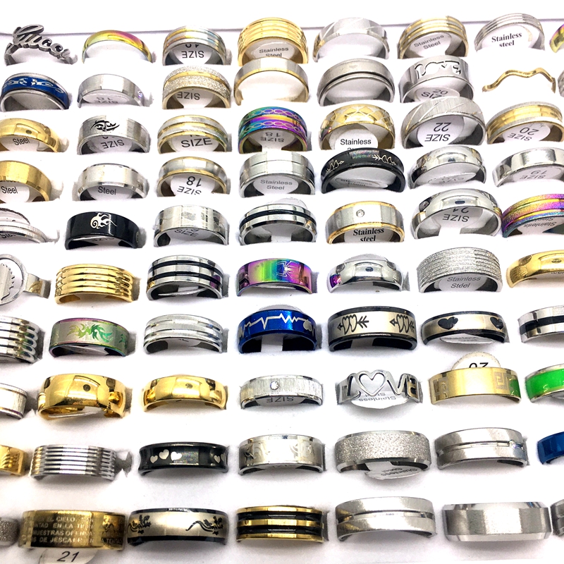 Whole 100pcsLot Stainless Steel Band Rings For Men Women Mix Styles Fashion Jewelry Finger Accessories Party Gift