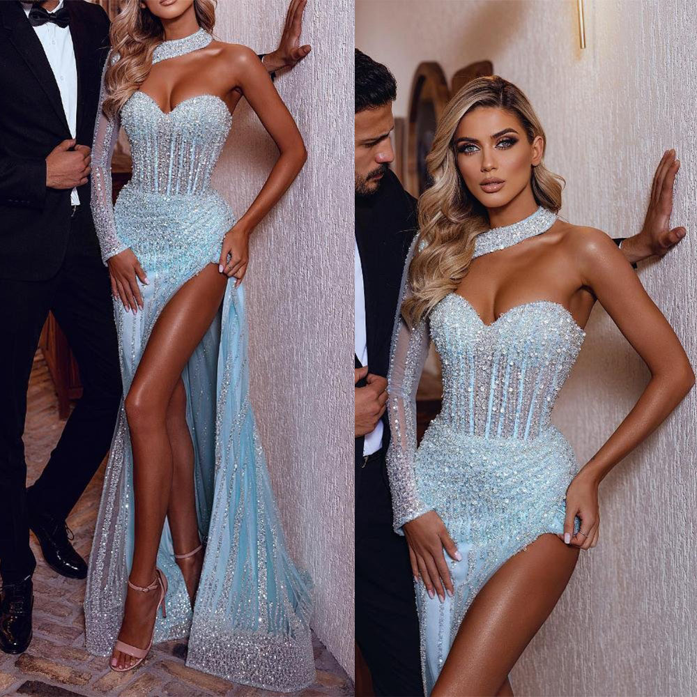 Bright Blue Mermaid Prom Dress Sexy V Neck Halter Sequins Beads Appliques Hollow One Long Sleeve High Waist Side Split Floor Length Sexy Elegant Appli