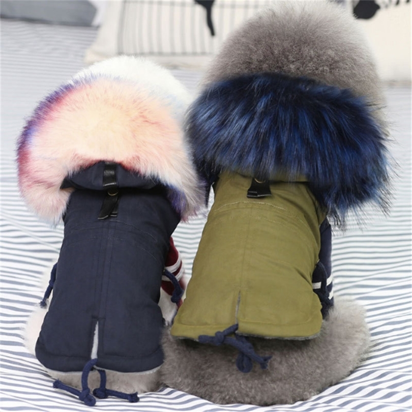 

GLORIOUS KEK Winter Dog Clothes Luxury Faux Fur Collar Dog Coat for Small Dog Warm Windproof Pet Parka Fleece Lined Puppy Jacket T200101, Navy blue
