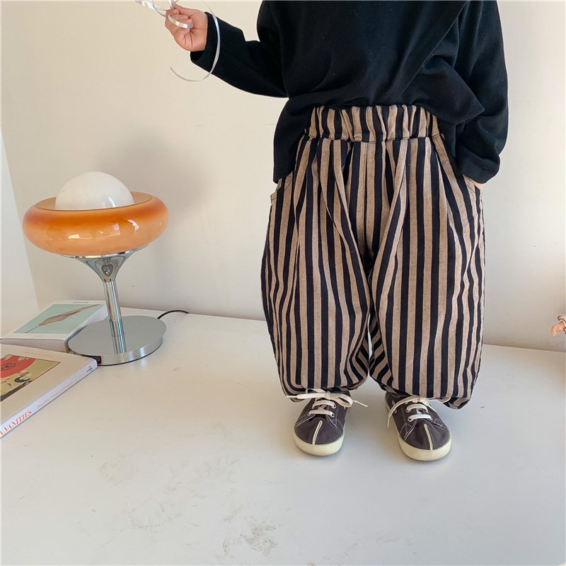 Spring Kids cotton linen loose bloomers Children fashion vertical stripe trousers 220512