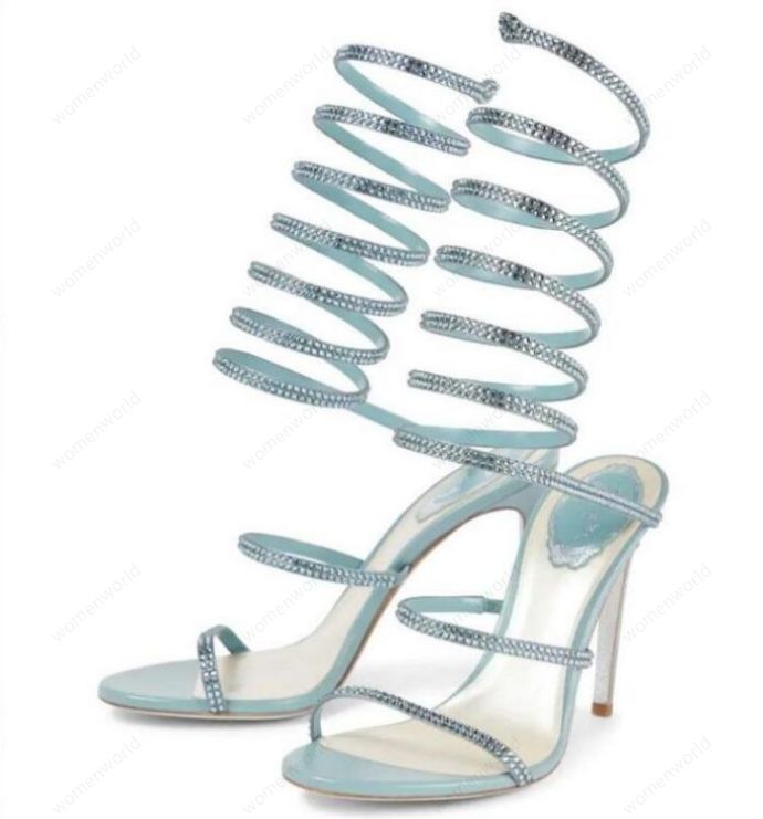 

RENE CAOVILLA Cleo open toe sandals crystal embellished spiral wrap around sandals twining rhinestone sandal women Top quality rainbow Blue stiletto heels shoes, Only a boxes