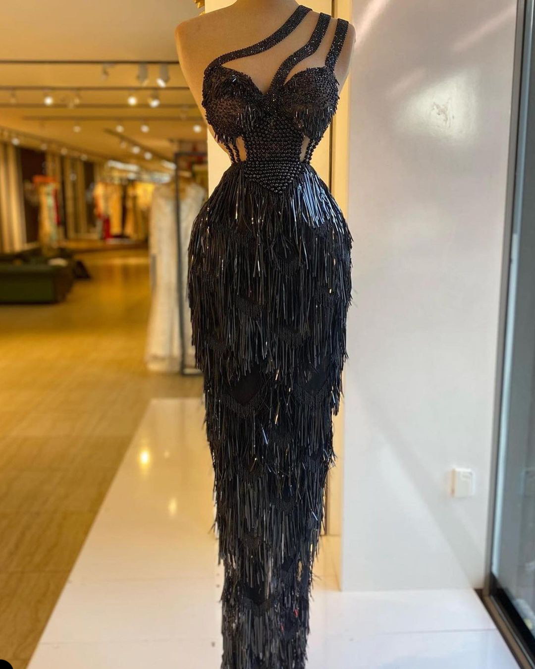 Luxurious Black Mermaid Evening Dresses Beaded Tassels Party Gowns One Shoulder Women Formal Floor Length Robe De Soriee