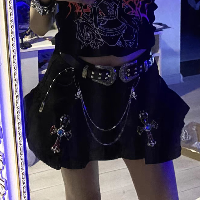 Cross Grunge Denim Mini Pleated Skirt Punk Harajuku Kawaii Emo Gothic Low Waist Jeans Skirts Y2k Indie 90s Dark Aesthetic 220317