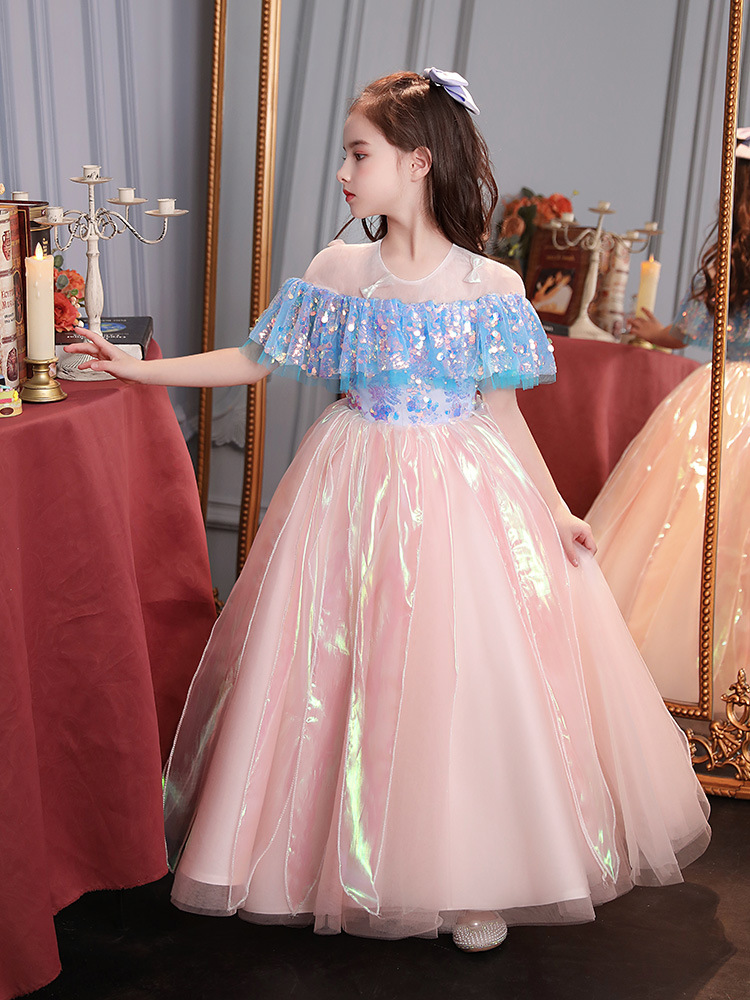 2023 New Princess Flower Girl Dresses For Weddings Jewel Neck Lace Applique sequined ball gown Girls Pageant Birthday Prom Gowns