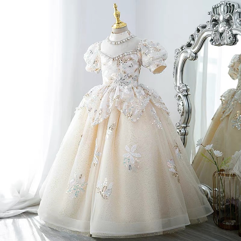 Crystal Lace Little Kids Flower Girl Dresses Princess Jewel Neck Tulle Applique Puffy Floral Formal Wears Party Communion Pageant Gown