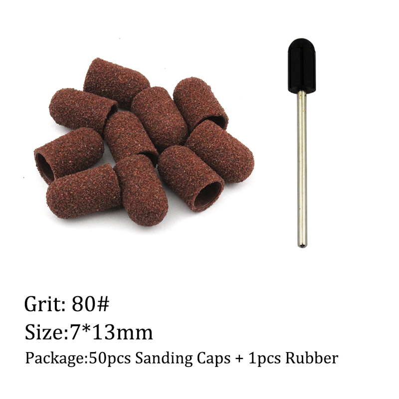 50Pcs/Set 80# Grit Nail Sanding Caps Rubber Grip Pedicure Polishing Sand Block Electric Drill Accessories Bit Manicure Tools