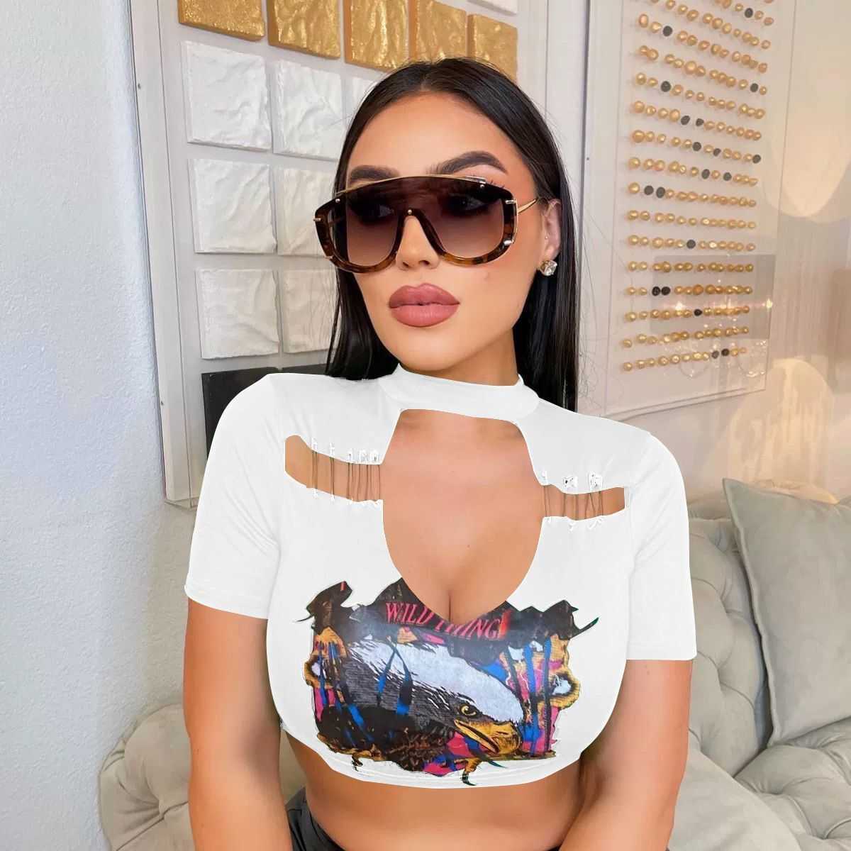 Womens Sexy Tops T-shirt Vest For 2023 Summer Umbilical Cord Slim Stand Collar Personalized Hollow Out Slim Tops