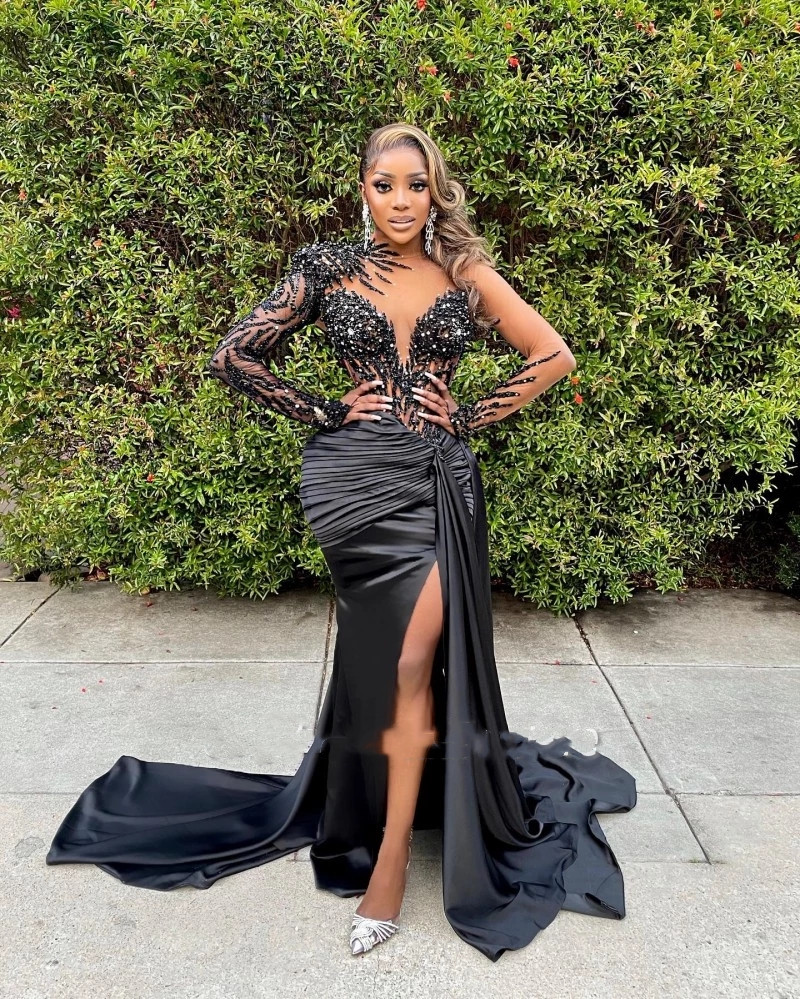 Black Lace Mermaid Evening Dress With Applique Beading, Long Sleeves, Split Front For Bridal Party