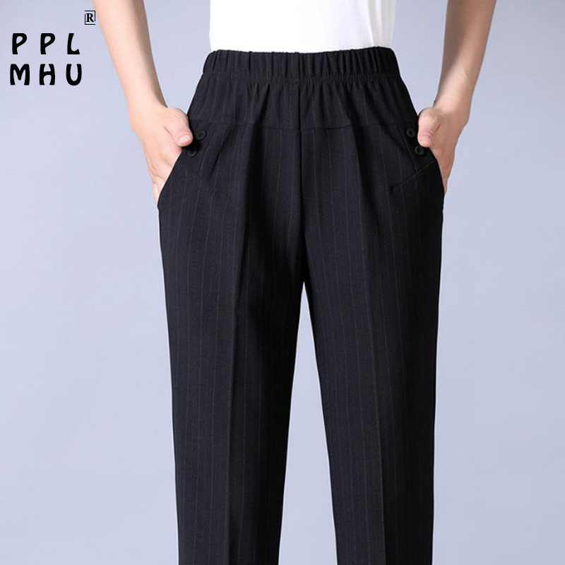 Women's Classic Pants Plus Size 5XL Mom Summer Thin Elastic High Waist Baggy Straight Casual Ankle Stripes Harem Trousers 220325