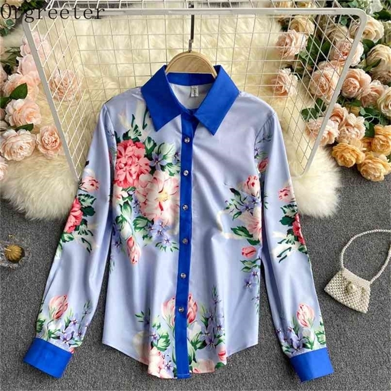 European and American Retro Spring Women's Lapel Long sleeved Bottoming Outwear Printted Blue Shirts 210602
European and American Retro Spring Women's Lapel Long sleeved Bottoming Outwear Printted Blue Shirts 210602
