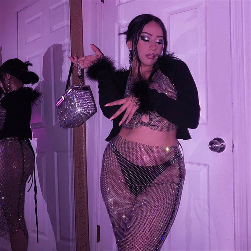 Women Clubwear Flash Diamond Grid Sexy Top Camis Summer Mesh Bra Bralette Beach Club Wear Crystal s 220325