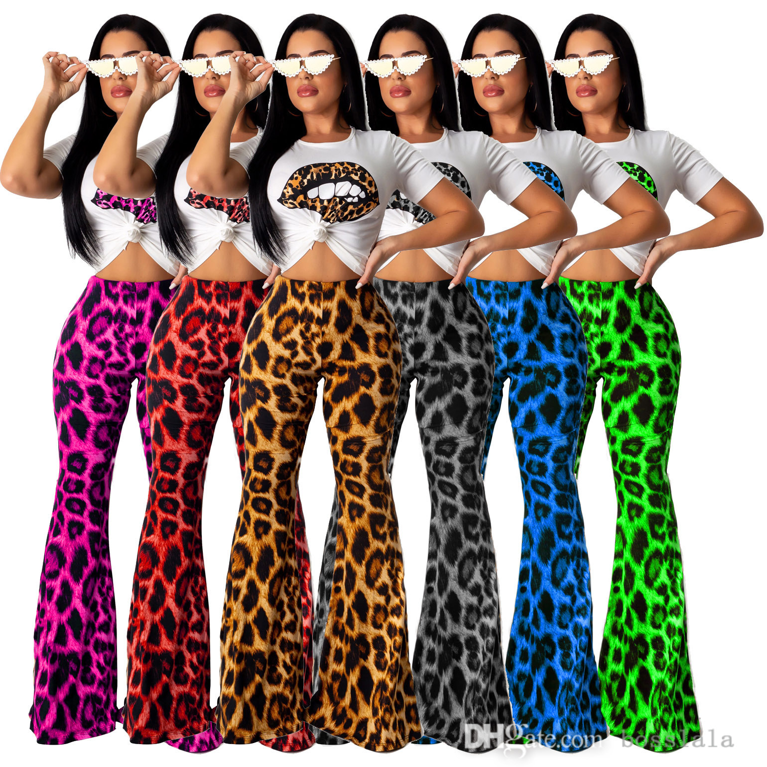 Womens Sexy Leopard Print Flared Pants Two Piece Set Bell Bottoms Sportswear Crop Tops Short Sleeve Tee Outfits S-XXL
