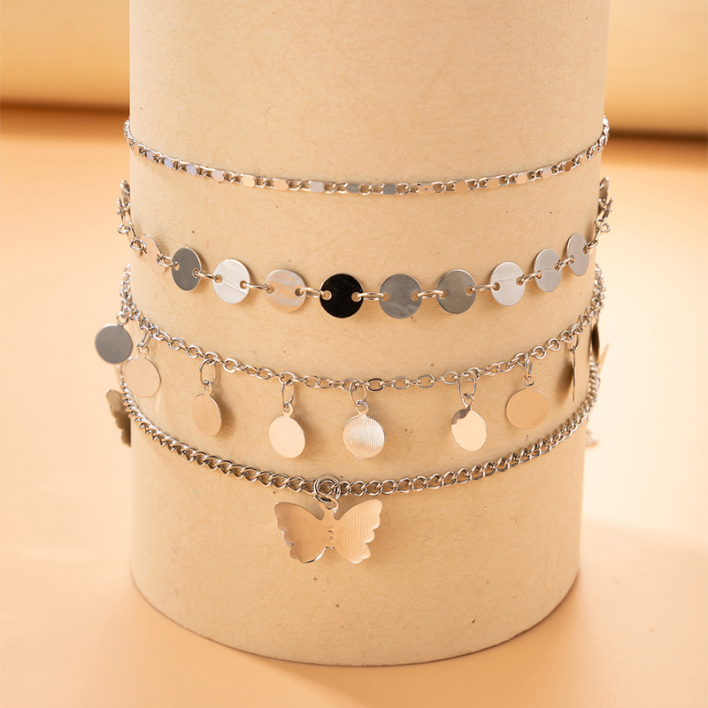 Tocona 4pcs/sets Trendy Butterfly Tassel Anklets for Women Charms Gold Color Alloy Metal Foot Chain Bohemian Jewelry