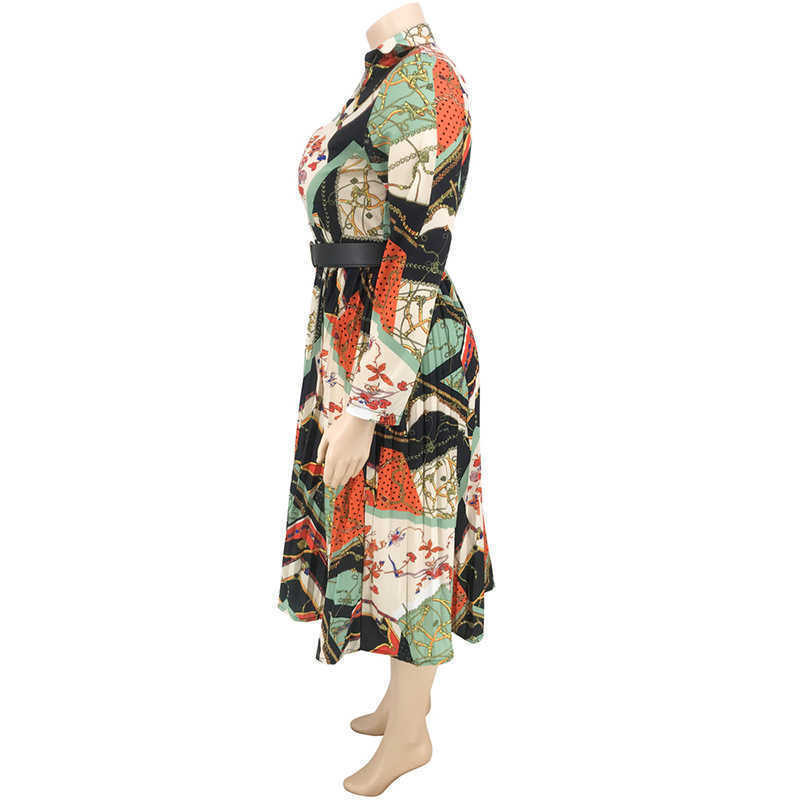 Designer fashion women's plus-size dresses long skirt print pleated color deep V sexy dress with belt large women's dress