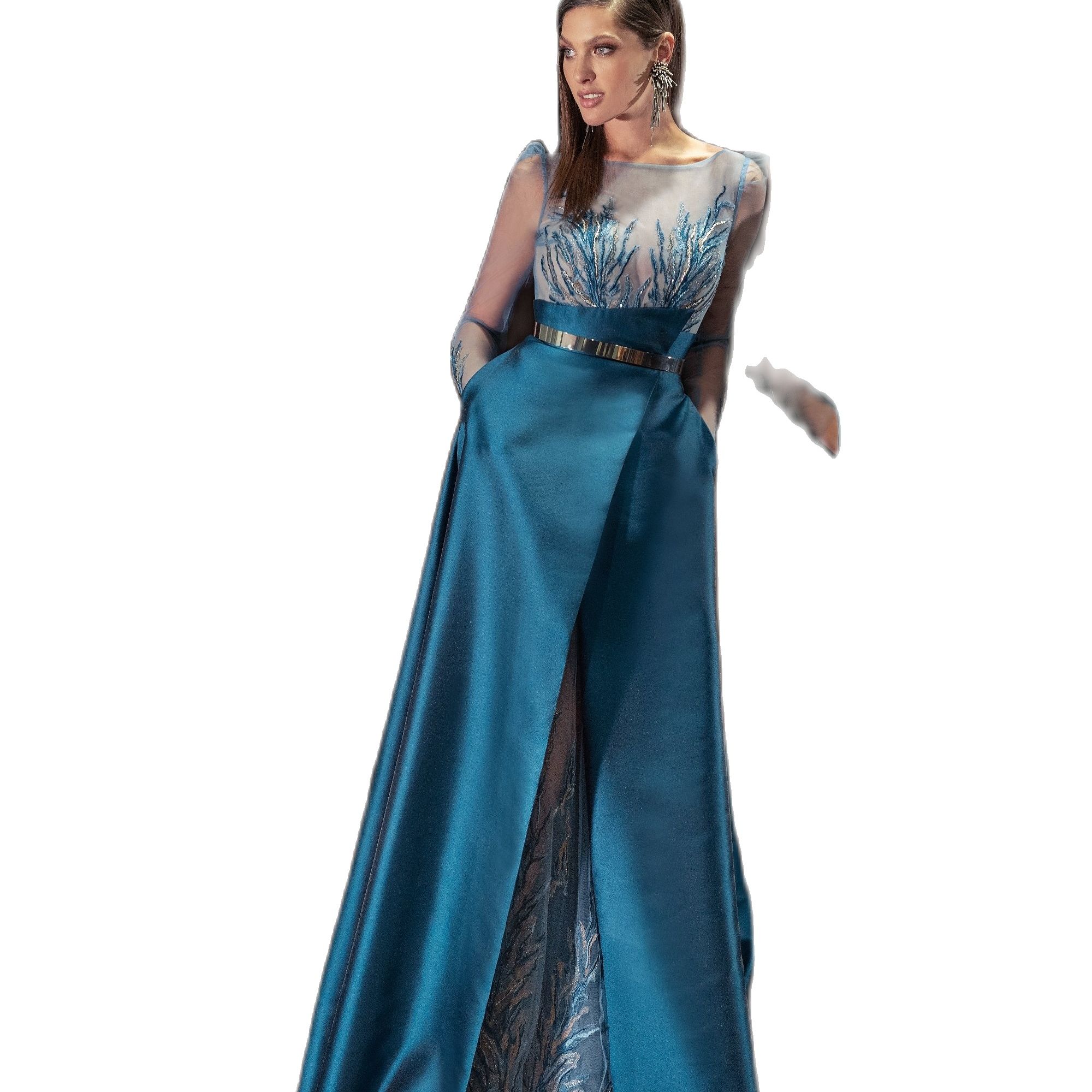 Blue Vintage Mermaid Evening Dresses Long Luxury 2022 Celebrity Prom Dress Sheer Neck Sequins Formal Party Gown Vestidos