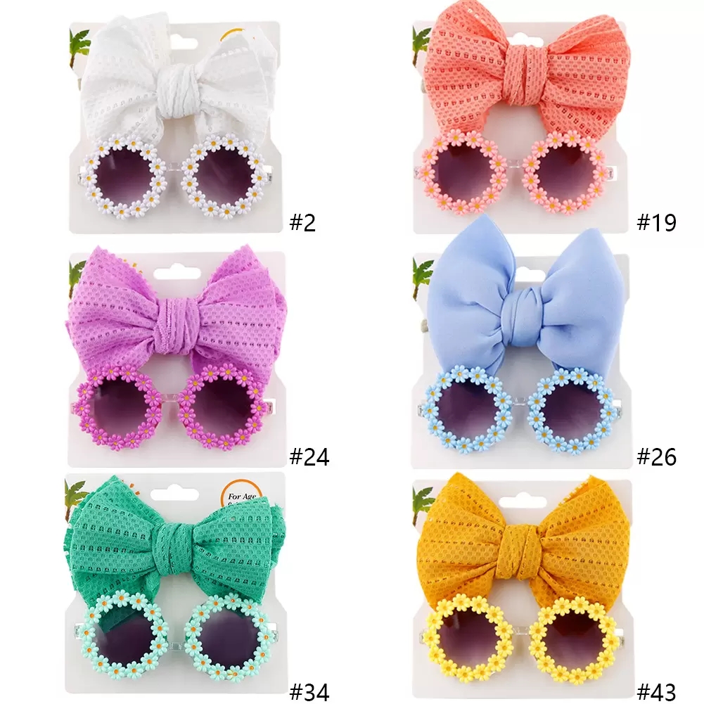 2Pcs/Set Daisy Flower Sunglasses With Elastic Nylon Baby Headband Bohemia Beach Seaside Sun Glasses Kids Puff Bow Headwear