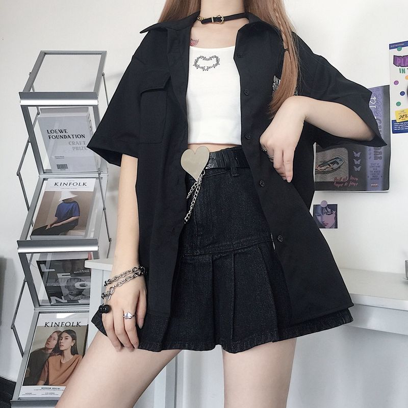 HOUZHOU Pastel Goth Black Denim Skirt Women Harajuku Gothic High Waist Bow Pocket Kawaii Pleated Mini Skirts E Girl Streetwear 220317