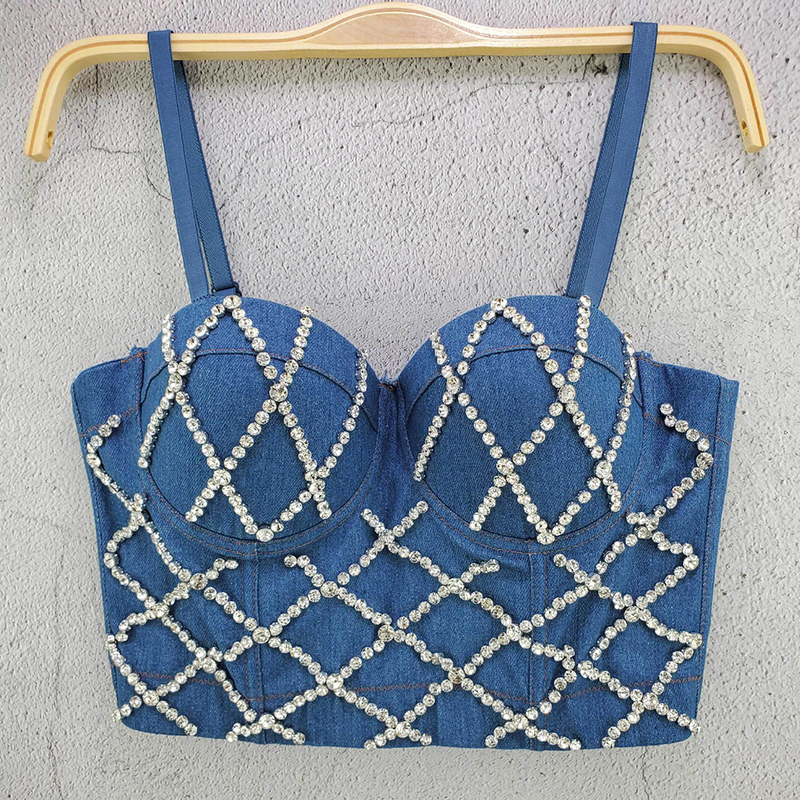 Fashion Corset Top with Diamond Denim Crop women Sexy Glitter Party Club Rave Festival Clothing 220325