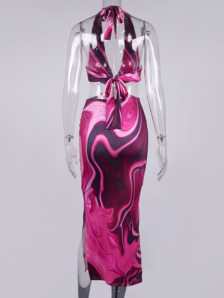 Asia Tie Dye Summer Dress Woman Lace up Hollow out Backless Split Halter Long Dress Lady Chic Sexy Beach Holiday Party Robe 220511