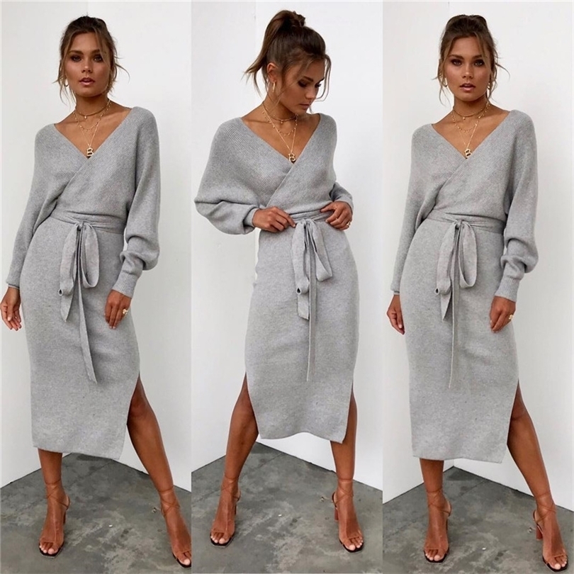 hot style autumn and winter 5color sexy Vneck lace up long sleeve womens dress 101245 201008