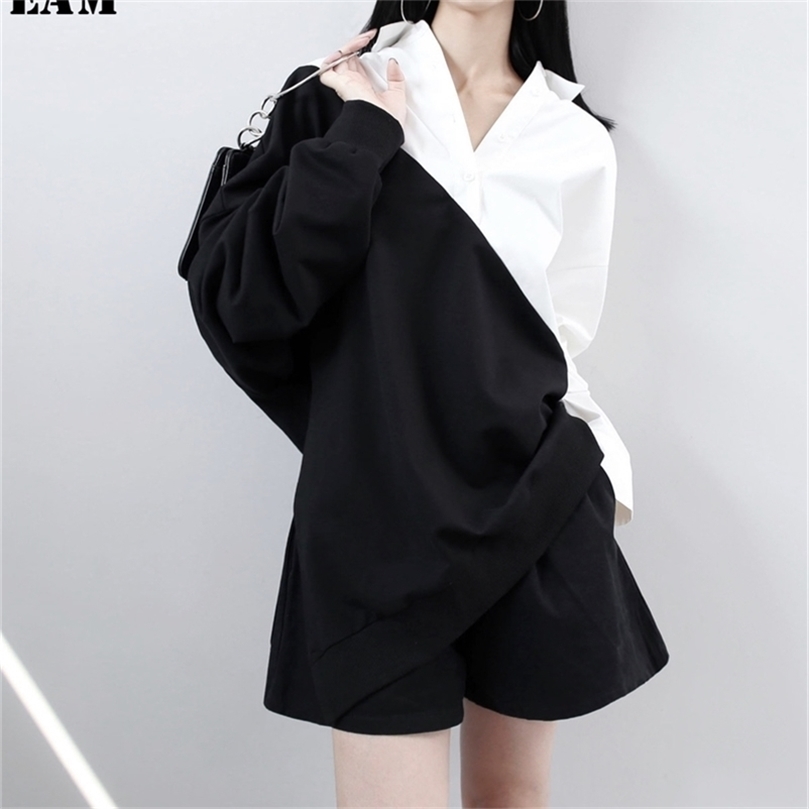 EAM Spring Lapel Long Sleeve Solid Color Black White Split Joint Loose Big Size Sweatshirt Women Fahion JC319 201127