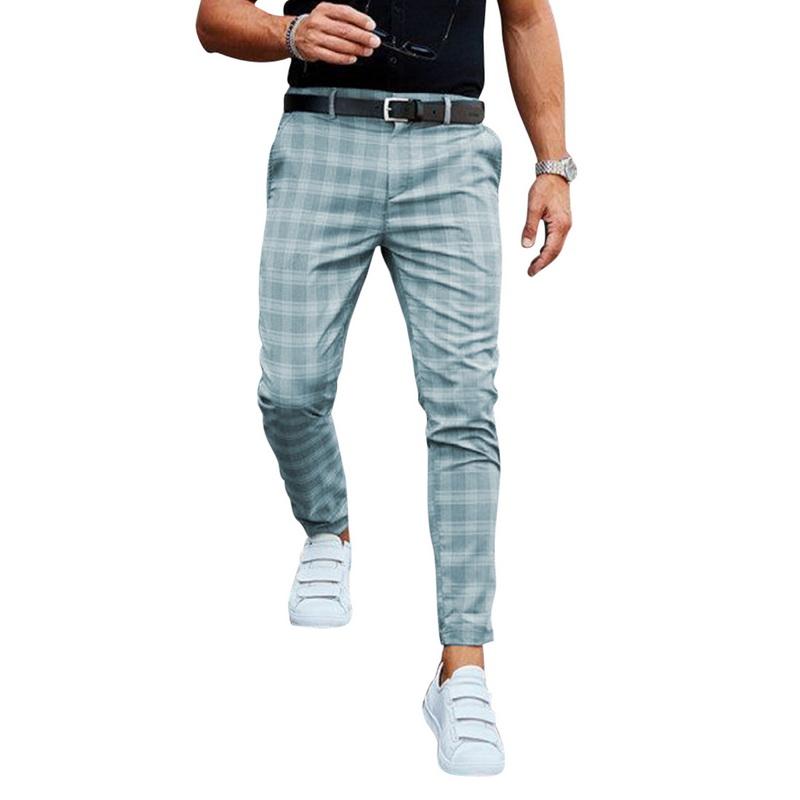 Mens Plaid Check Casual Trousers Skinny Stretch Chinos Slim Fit Pant For Stylish Gentlemen