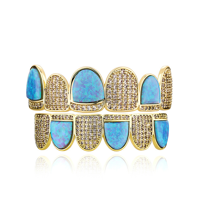 New 18K Real Gold White Blue Opal Grillz Brace Punk Hip Hop Iced Cubic Zirconia Dental Mouth Bling Fang Grills Vampire Tooth Cap Cosplay Rapper Jewelr