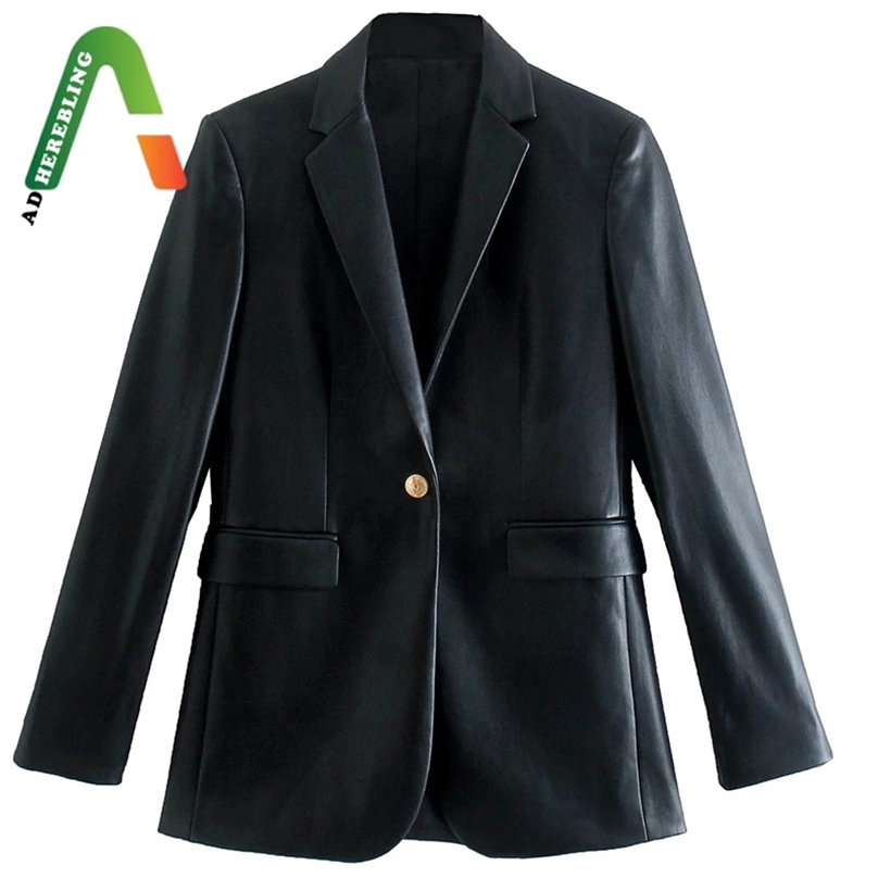 Adherebling Traf Women Faux PU Leather Jacket Metal Single Button Vintage Long Sleeve Blazers Pockets Female Black Suit Coat 220813, Dress
Adherebling Traf Women Faux PU Leather Jacket Metal Single Button Vintage Long Sleeve Blazers Pockets Female Black Suit Coat 220813, Dress
