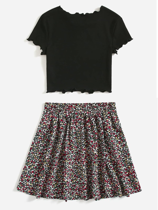 Teen Girls Lettuce Trim Tee & Ditsy Floral Print Skirt SHE