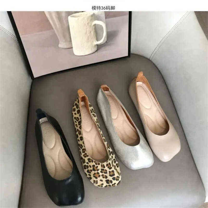 Dress Shoes Goth Leopard Print Casual Slip on Ballet Flats Women Fashion Leather Loafers Summer Autumn Nursing Mules Square Toe Black 220518