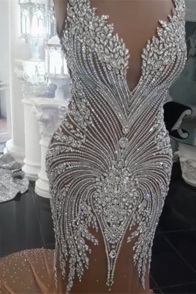 Champagne Mermaid Evening Dresses 2022 Yousef Aljasmi Sparkly Crystal See Through V-neck Prom Gown beaded robe soiree