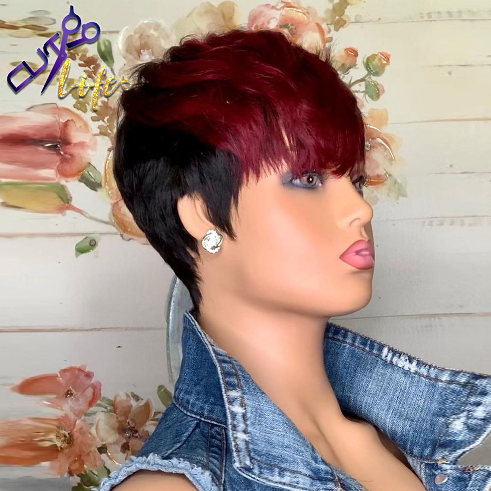 Ombre Red Pixie Cut Short Bob Wig For Black Women Brazilian Human Hair Wigs With Bangs Cosplay Bone Straight Full Machine Made