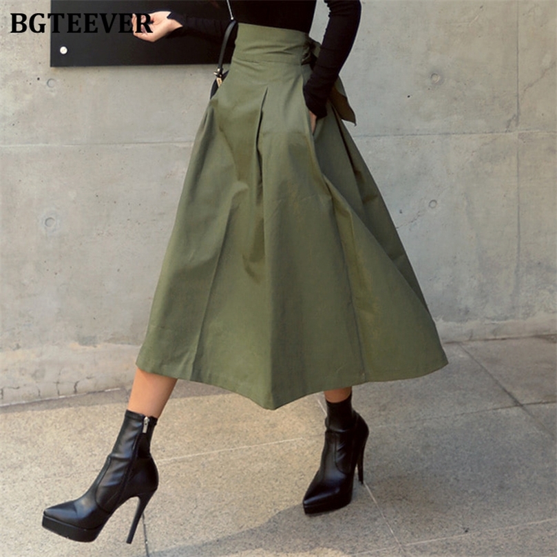 BGTEEVER OL Style High Waist Bowknot Green A line Skirts Ladies Office Flare Long Skirts Womens Faldas Streetwear 2020 Spring LJ200819