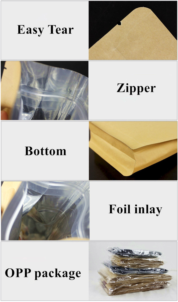100pcs 3D Thick Stand up Kraft Paper Foil Inlay Packaging Bag Resealable Candy Snack Tea Nuts Food Cereals Powder Wedding Party Gifts Heat Sealing Sto