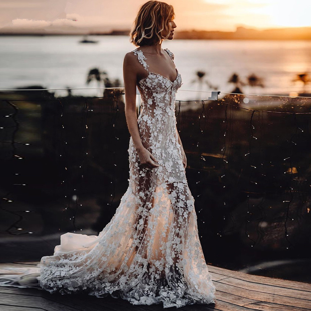 2022 Beach Mermaid Wedding Dresses Sexy Nude Lining Floral Lace Applique Country Bohemian Sweetheart Bridal Gown vestido novia berta