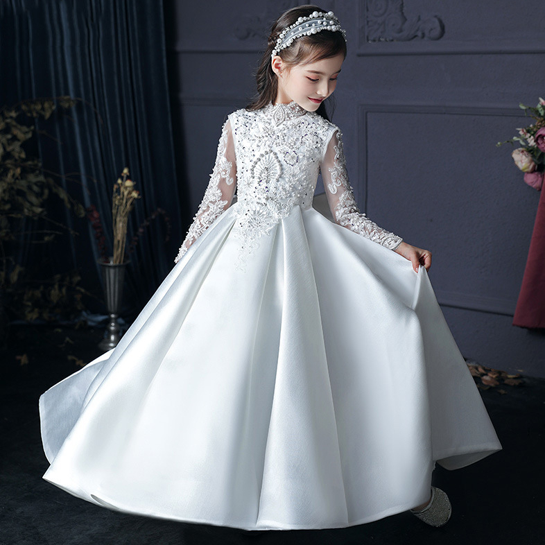 Adorable White Ball Gown Flower Girl Dresses Princess Sheer Lace Long Sleeves Appliques Jewel Neck Toddler Birthday Party Gowns 403
