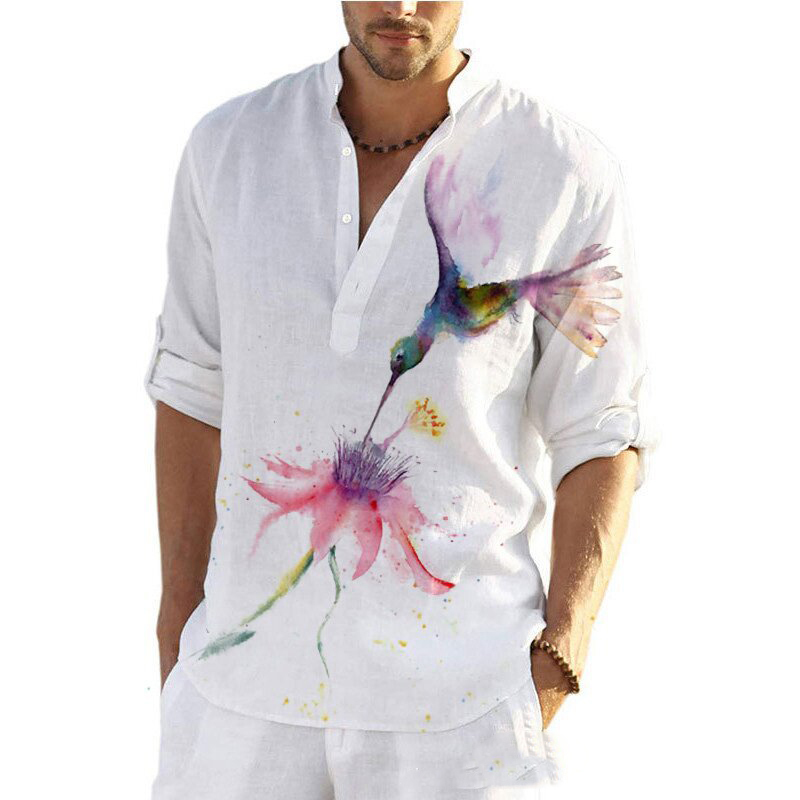 Fashion Men's Shirt Loose Linen s Male Cotton Color Printed V-neck Buttons s Men Casual Long Sleeves 220322