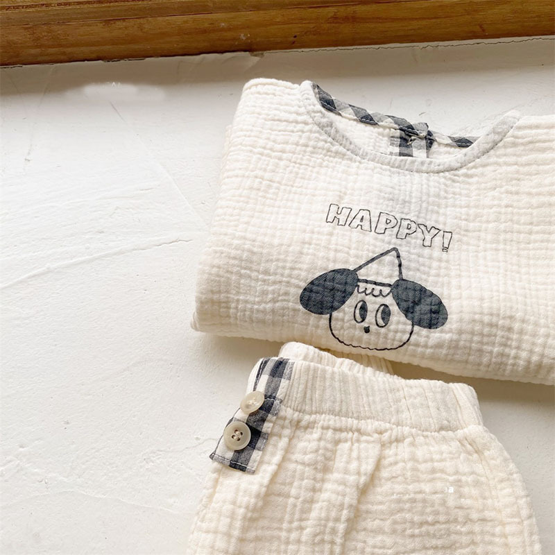 Baby Cotton Linen Clothes Set Plaid Cartoon Casual Tops + Pants 2pcs Baby Set Cute Boy Girls Comfortable Infant Outfits 220509