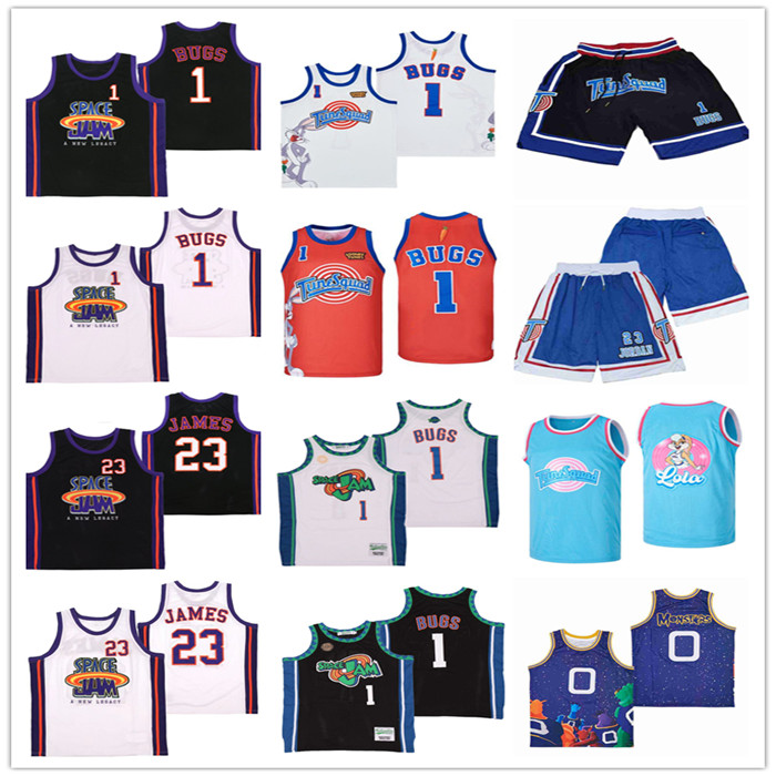 2022 Men SPACE JAM NEW LEGACY Movie #1 BUGS #23 JAMES Basketball Jerseys Stitched Black White Size S-XXL