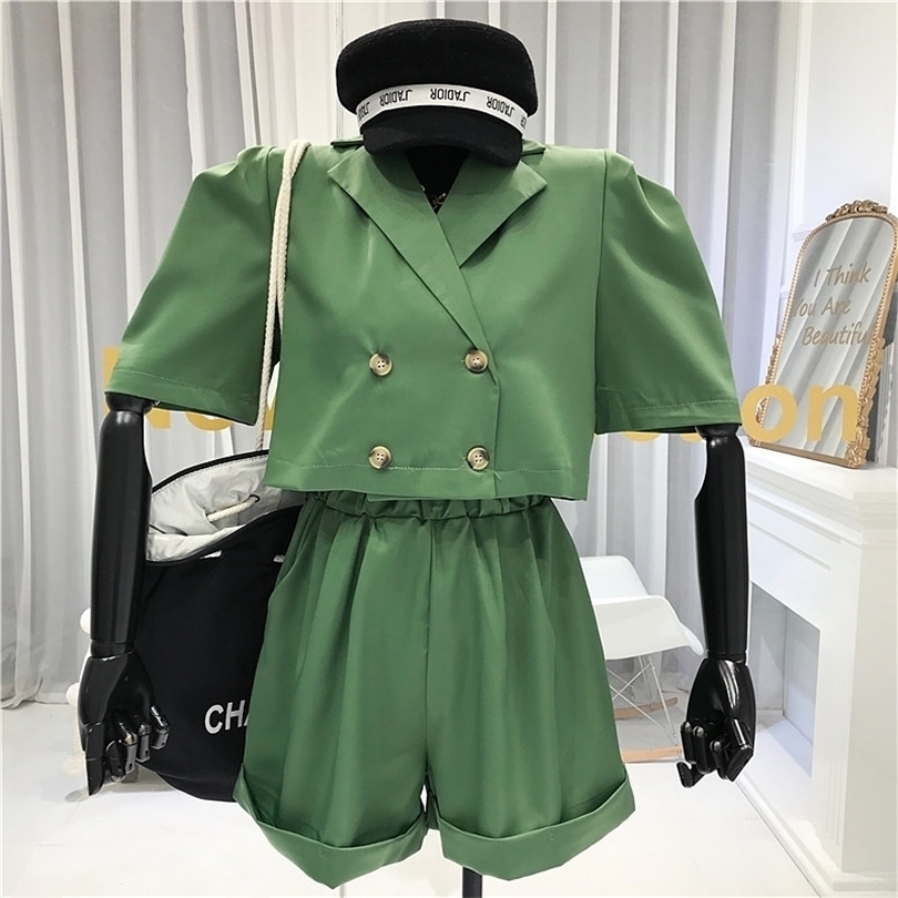 Summer Fashion 2 Piece Sets Womens Outfits Crop Jackets Double Breasted Turndown Collar Streetwear high Waist Shorts