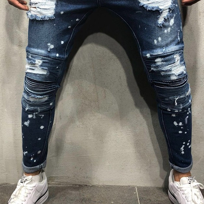 Men Painted Stretch Skinny Jeans Slim Fit Ripped Distressed Pleated Knee Patch Denim Pants casual trousers for men 220408
