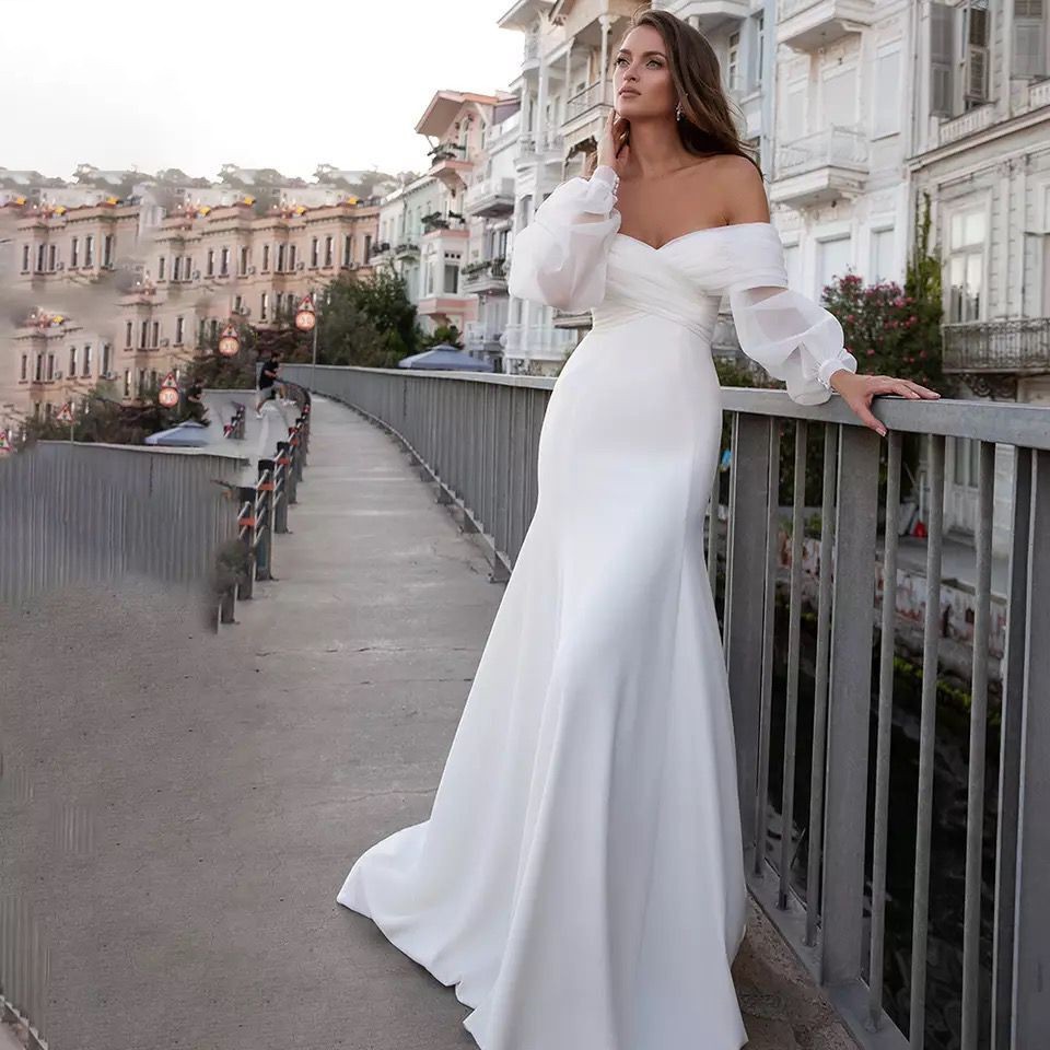 Satin Mermaid Wedding Dresses 2022 Long Fuff Sleeve Sexy Beach Bride Off The Shoulder Boho Bridal Gowns Vestidos De Noiva