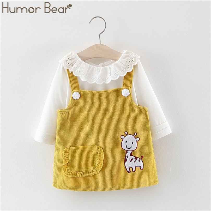 Humor Bear Girls Autumn Korean Children's Clothing Doll Collar Long Sleeve Strap Dress Suit Baby Kids Clothing Suit LJ201223
