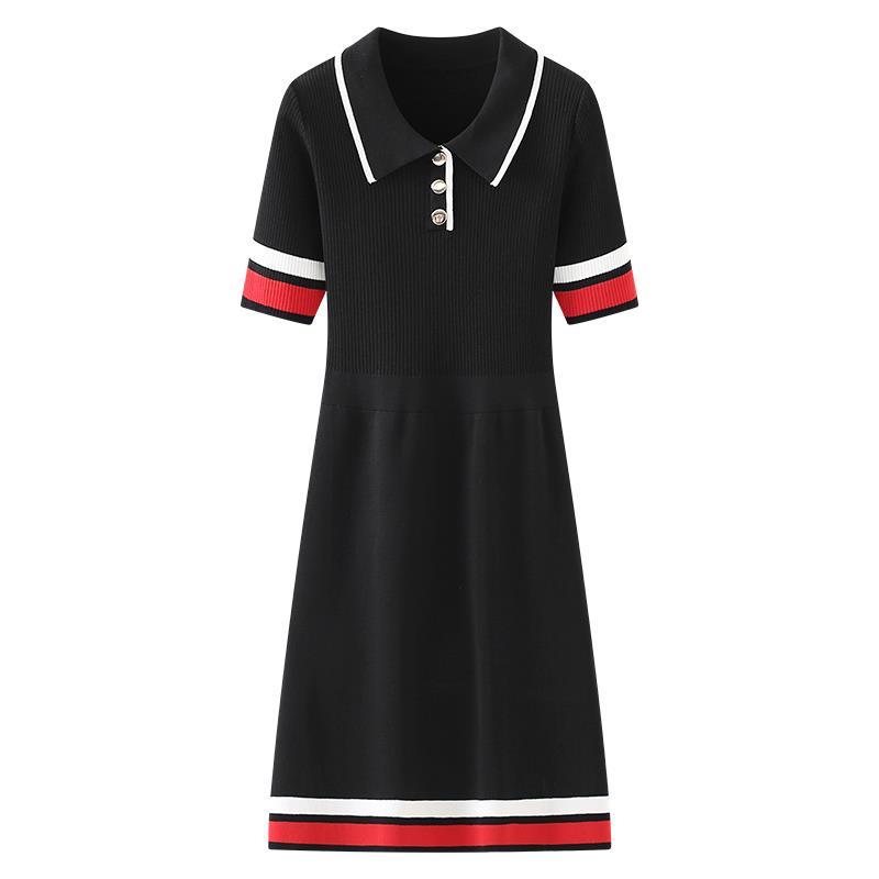 New Womens color block turn down collar short sleeve knitted a-line casual summer dress SMLXLXXL