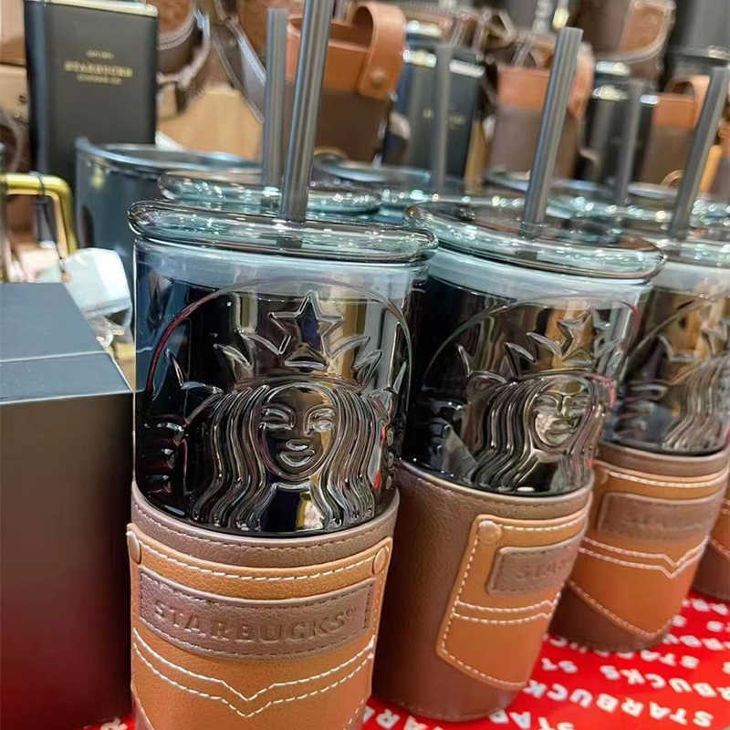 s 2021 father's day black goddess leather case glass straw cup large capacity desktop drinking cup2983196