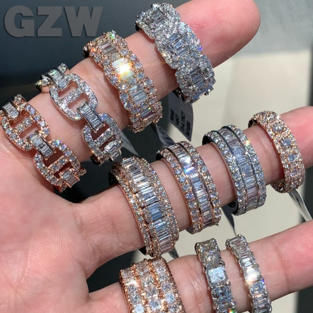 New Iced Out Hip Hop Square Tennis Rings for Women Men Finger Ring Real Gold Bling Baguette CZ Stone Cubic Zirconia Bijoux Wedding Jewelry Boyfriend G