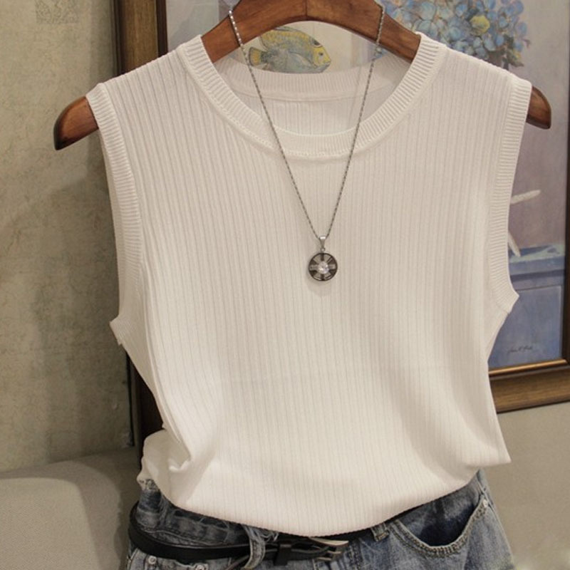 Fashion Ice Silk Knitted Vest Gym Tank Top Women Round Neck Thin Sleeveless Shirt Summer wide shoulder Loose Blusas 4588 50 220325